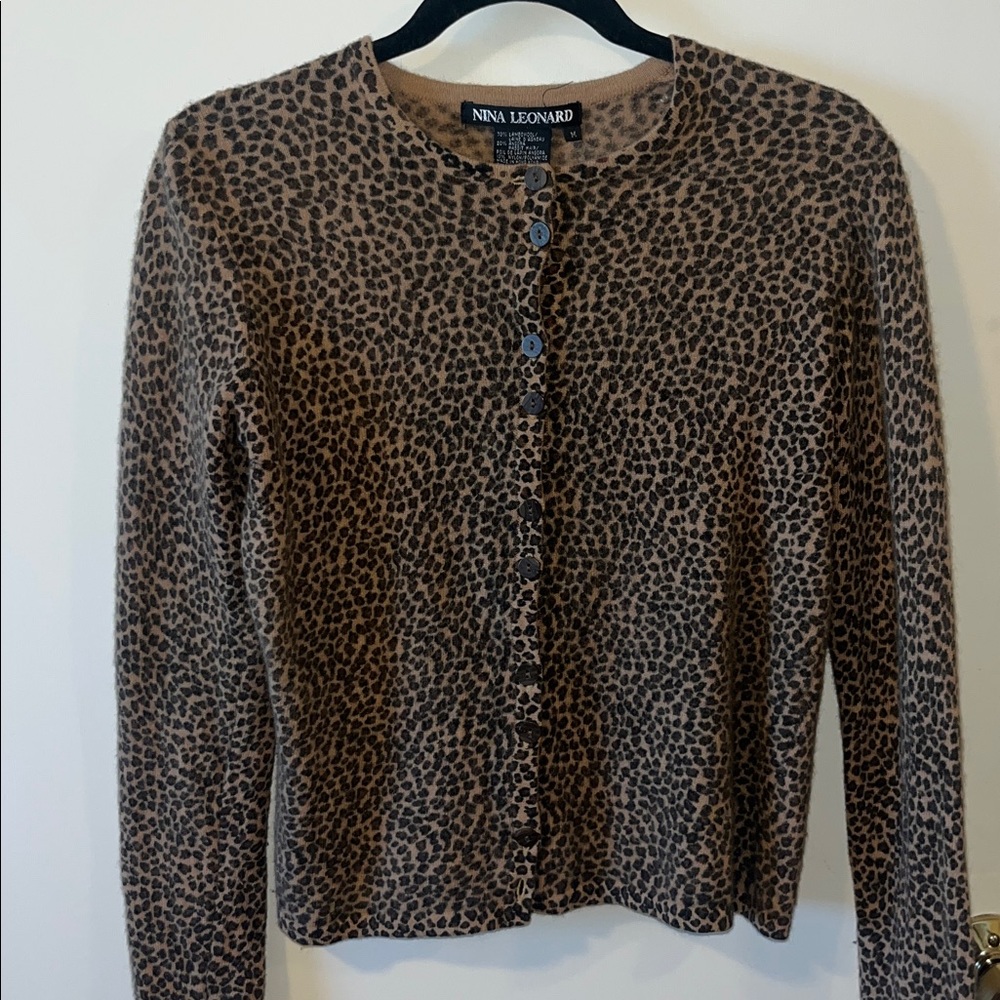 Nina Leonard Brown Leopard Print Cardigan